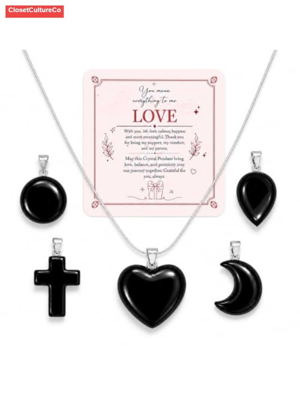 5 Black Obsidian Crystal Pendant Necklace Set Adjustable Chain Heart Moon Cross